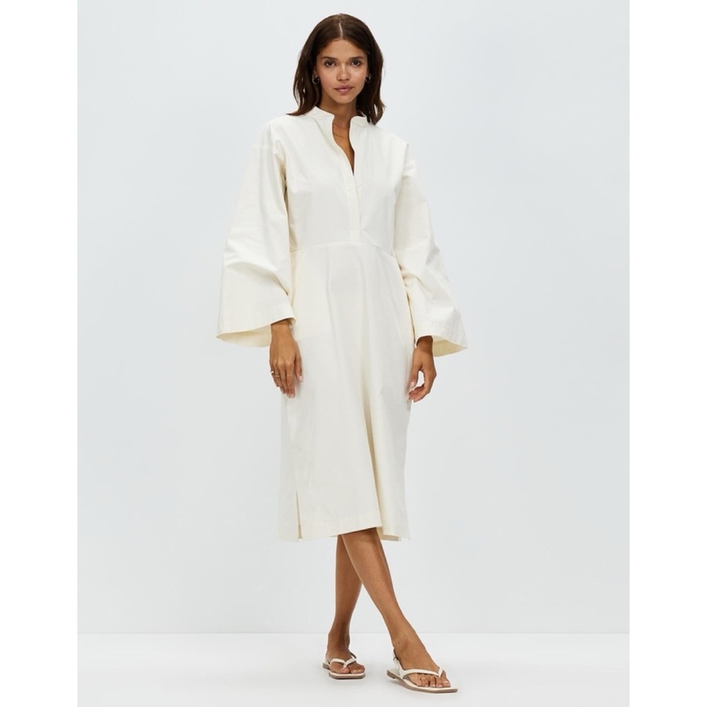 Bondi Born Estel Midi Dress (Sz M) Organic Cotton & Silk Kimono Sleeve Coconut - Picture 2 of 16